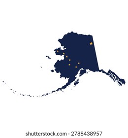 Vector illustration of Alaska in the shape of its state outline, filled with the US flag colors. Clean flat design featuring red, white, and blue with star elements. Minimal geographic silhouette suitable for education, travel, and infographic use. Isolated scalable composition for digital and print projects.