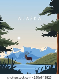 Vector illustration. Alaska, travel poster, banner, postcard, cover. Forest, animals. North America. Nature. Modern design. Wall poster.