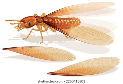 Vektorgrafik von Termitenflügeln aus Alaten, die zu Beginn der Regenzeit aus den Reihen der Termiten kommen, die zu reproduzieren bereit sind, und Insekten aus dem Kastensystem einzeln auf Weiß