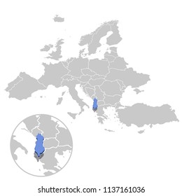 Vector illustration of Albania in blue on the grey model of Europe map with zooming replica of country.