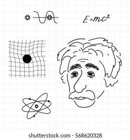 Vector Illustration Of Albert Einstein Discoveries.Sketch