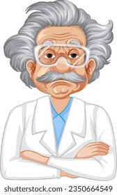 A vector illustration of Albert Einstein, the renowned theoretical physicist, wearing a scientist gown and goggles