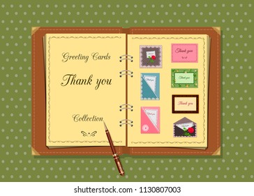 Vector illustration of album with cards Thank you