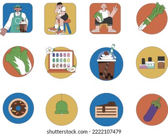 Vector illustration album collection page, there are 12 cartoon icons that can be used arbitrarily, onion, cabbage, eggplant, cabbage, drink, lipstick, donut, bread, lamp, etc.