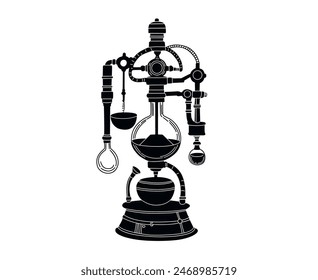 Vector illustration. Alchemical equipment. Alchemist's laboratory. Chemical experiment. Brew the potion. Black illustration. On a white background