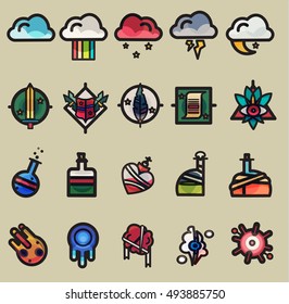 Vector illustration. Alchemy and magic science stickers set. Magic potions set of magical stuff and bottles, badges, magic clouds. Objects for spells. Design for app user interface. Game icons.