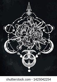 Vector illustration,  Alchemy, magical astrology, spirituality and occultism, Handmade, print on t-shirt, tattoo, chalkboard background