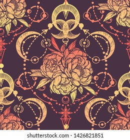 Vector illustration,  Alchemy, magical astrology, spirituality and occultism, Handmade, print on t-shirt, tattoo, purple background, seamless pattern