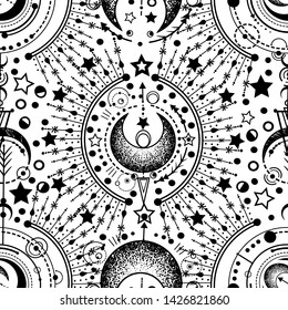 Vector illustration,  Alchemy, magical astrology, spirituality and occultism, print on t-shirt, Handmade, light  background, seamless pattern