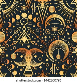 Vector illustration, Alchemy, magical astrology, spirituality and occultism, Handmade, seamless pattern, print on t-shirt, dark green  background