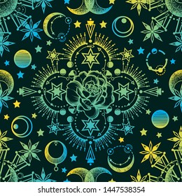 Vector illustration, Alchemy, magical astrology, spirituality and occultism, roses, Handmade, print on t-shirt, dark green  background, seamless pattern