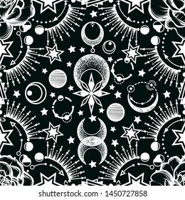 Vector illustration, Alchemy, magical astrology, spirituality and occultism, tattoo, dark background, seamless pattern, Handmade, print on t-shirt