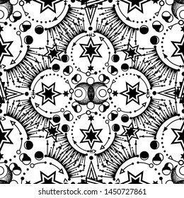 Vector illustration, Alchemy, magical astrology, spirituality and occultism, light  background, seamless pattern, Handmade, print on t-shirt