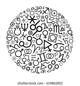 vector illustration of alchemy symbols in round shape