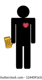 Vector illustration of alcohol addict man with broken heart with mug or pint of gold beer. Drinking in a difficult part of life. Death, depression, breakup, hassle and other hard emotional things.