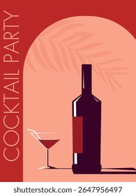 Ilustração vetorial de garrafa de álcool, coquetel de vidro, sombras e folhas de palma. Design de pôster de festa de coquetel, banner de restaurante, bar de praia, trópicos. Martini, margarita, champanhe, relaxamento, bebida