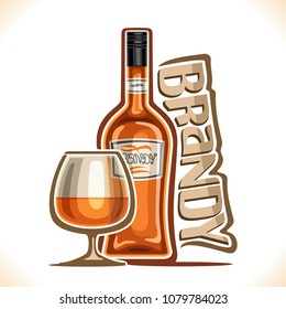 Vector illustration of alcohol drink Brandy, poster with brown bottle of premium fruit calvados and half full snifter glass, original typeface for word brandy, design contour composition for bar menu.