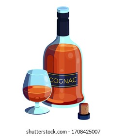 Vector illustration of alcohol drink Cognac, poster with bottle of premium french brandy and half full snifter glass, original typeface for word cognac, design contour composition for bar menu.