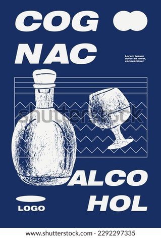 Vector illustration of alcohol drink Cognac, poster with bottle of premium french brandy and half full snifter glass. Trendy placard. Vector illustration.