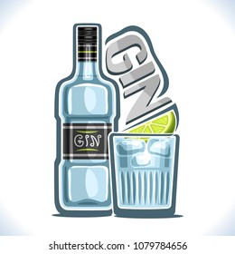 Vector illustration of alcohol drink Gin, blue bottle of juniper beverage and full glass tumbler with ice cubes and slice of lime, original typeface for word gin, contour composition for bar menu.