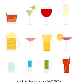 Vector illustration alcohol drink glasses icons. Cocktail bar beer alcoholic drinks. Wine beverage whiskey alcoholic drinks. Set different drinks cocktails and beer refreshment collection cold liquid.