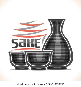 Vector illustration of alcohol drink Sake, 2 grey pottery caps and tokkuri jug with striped pattern for japanese rice vodka, original typeface for word sake, silhouette composition for bar menu.