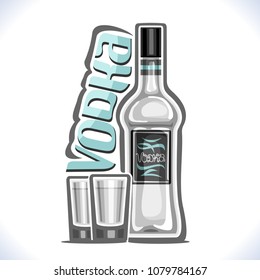 Vektorgrafik des Alkoholgetränks Vodka, Plakat mit transparenter Flasche hochwertigen russischen Stiefels und 2 Vollschussgläser, Original-Schrift für das blaue Wort Wodka, Design-Komposition für das Barmenü.