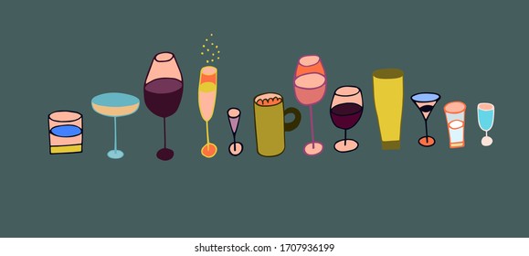 vector illustration: alcohol drinks and cocktails collection. glasses, jars, mugs and cups clipart set, doodle style hand drawn sketch. bar, brewery, pub menu, poster, banner, advertisment