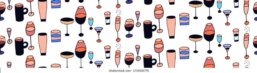 vector illustration: alcohol drinks and cocktails seamless pattern. glasses, jars, mugs and cups clipart, doodle style hand drawn sketch. bar, brewery, pub menu, poster, banner, advertisment