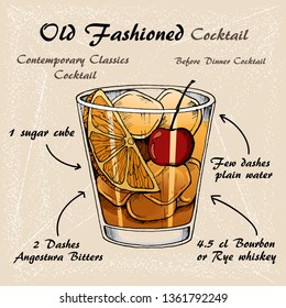 Vector Illustration Of Alcoholic Cocktail Old Fashioned Sketch