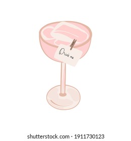 Vector illustration. Alcoholic cocktail pink margarita or prosecco-based drink. Sticky note to the glass, text drink me 