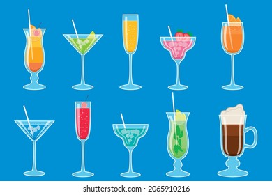 Vector illustration of alcoholic cocktails on a blue background.