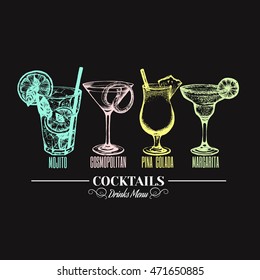 Vector illustration of alcoholic cocktais. Hand drawn sketch of mojito margarita pina colada and cosmopolitan with slice of lime and straw. Bar menu design.  Template for card and poster