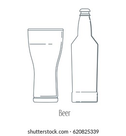 Vector illustration of  alcoholic drinks in bottles and wine glasses on a white background. Line art.