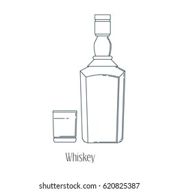 Vector illustration of  alcoholic drinks in bottles and wine glasses on a white background. Line art.