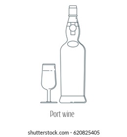 Vector illustration of  alcoholic drinks in bottles and wine glasses on a white background. Line art.