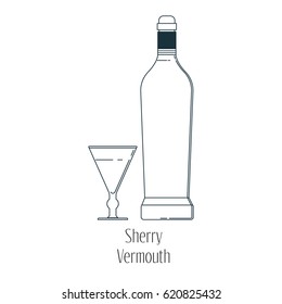 Vector illustration of  alcoholic drinks in bottles and wine glasses on a white background. Line art.