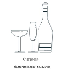 Vector illustration of  alcoholic drinks in bottles and wine glasses on a white background. Line art.