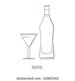 Vector illustration of  alcoholic drinks in bottles and wine glasses on a white background. Line art.