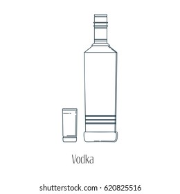 Vector illustration of  alcoholic drinks in bottles and wine glasses on a white background. Line art.