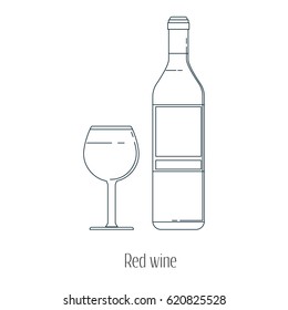 Vector illustration of  alcoholic drinks in bottles and wine glasses on a white background. Line art.