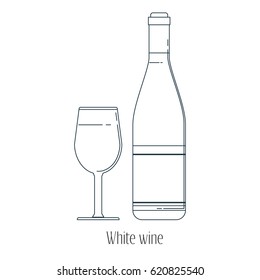 Vector illustration of  alcoholic drinks in bottles and wine glasses on a white background. Line art.