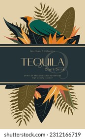 Vector illustration. Alcoholic and non-alcoholic beverage packaging design, label, label, juice packaging. Tropical design, wild birds, elegant design.