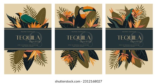 Vector illustration. Alcoholic and non-alcoholic drink packaging design, label, emblem, tropical flowers, wild birds, dark design, retro design.