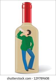 Vector Illustration of an alcoholic in a trap, he was standing inside the bottle