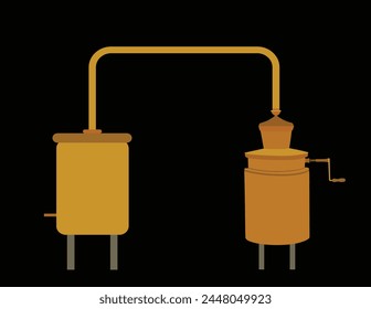 Vector illustration alembic apparatus for distill essential oils and alcoholic beverages. Distillery for whiskey or brandy production, alcohol distillation process. Alcohol distilling machine isolated