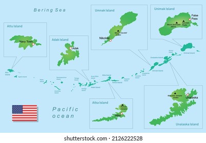 Vector Illustration Aleutian Islands Map