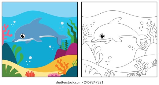 Vector illustration with algae, dolphin and sea floor. Cute square page coloring book for children. Simple funny kid's drawing.