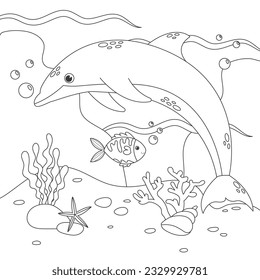 Vector illustration with algae, dolpin and fish, sea floor. Cute square page coloring book for children. Simple funny kids drawing. Black lines, sketch on a white background.