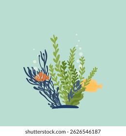 Ilustração vetorial com algas e peixes. Composições para decoração de praia, menus, cartões postais, cartazes.
